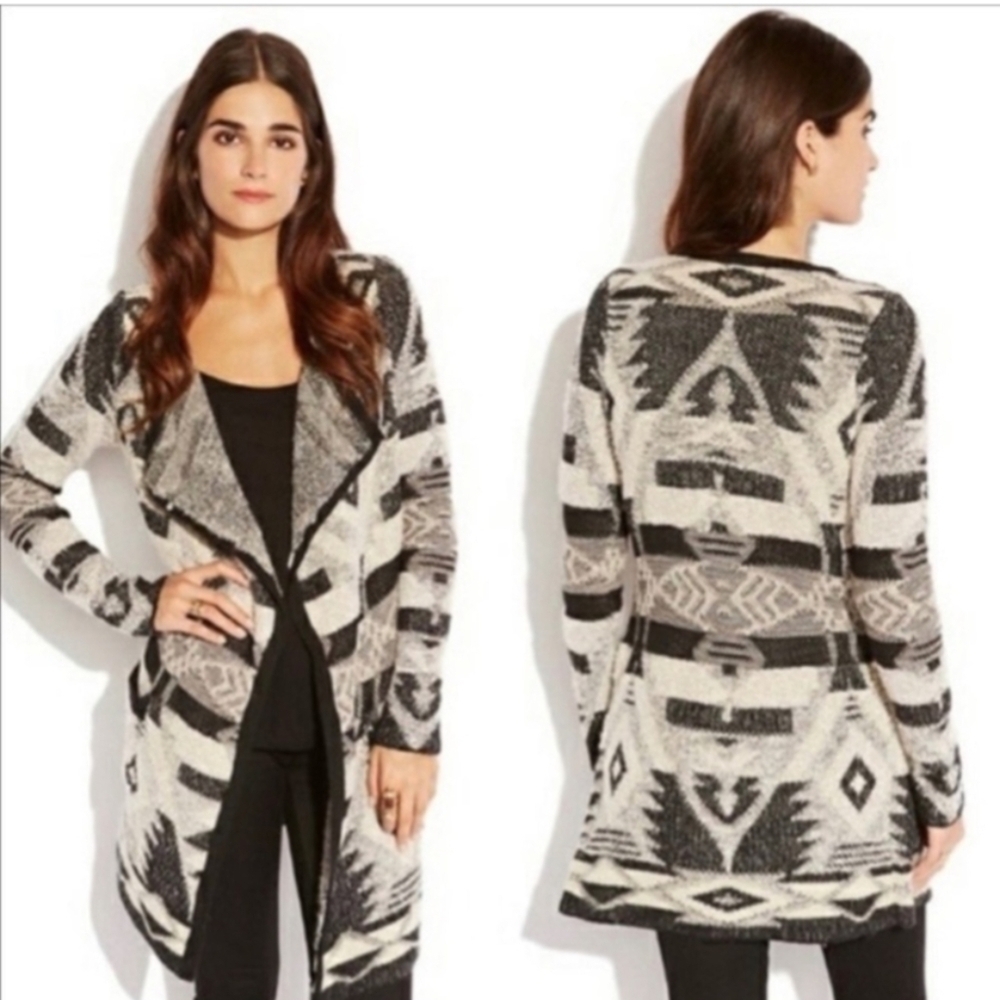 Lucky Brand Cream and Black Southwest Aztec Open Cardigan Sweater - Size Medium